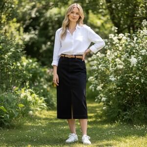 A Loves A Black Denim Midi Skirt High Waisted Front Slit Size 31 Womens